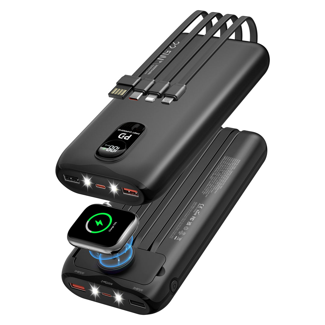 Portable power bank with integrated charging cables and LCD screen Bowlift