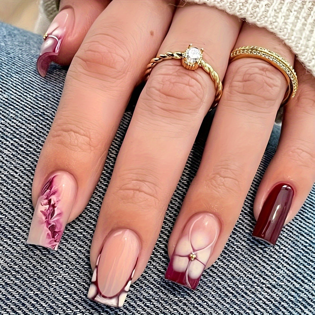 Artistic Gel Nail Extensions with Floral Design Bowlift