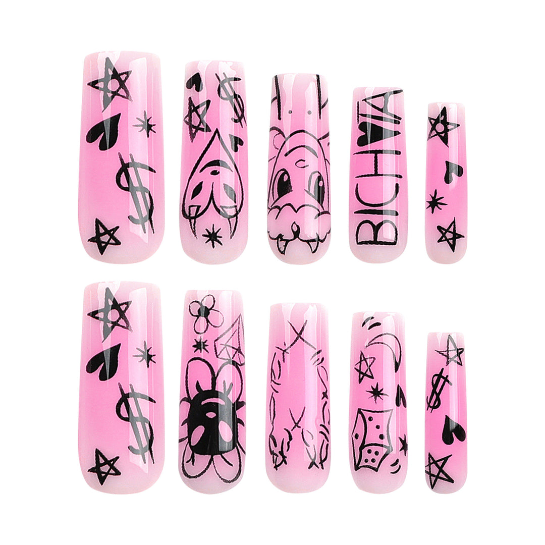 Artificial nail set with playful cartoon motif and shimmering accents Bowlift