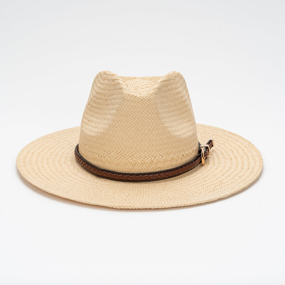 Straw Flat Brim Hat with Leather Trim | Bowlift