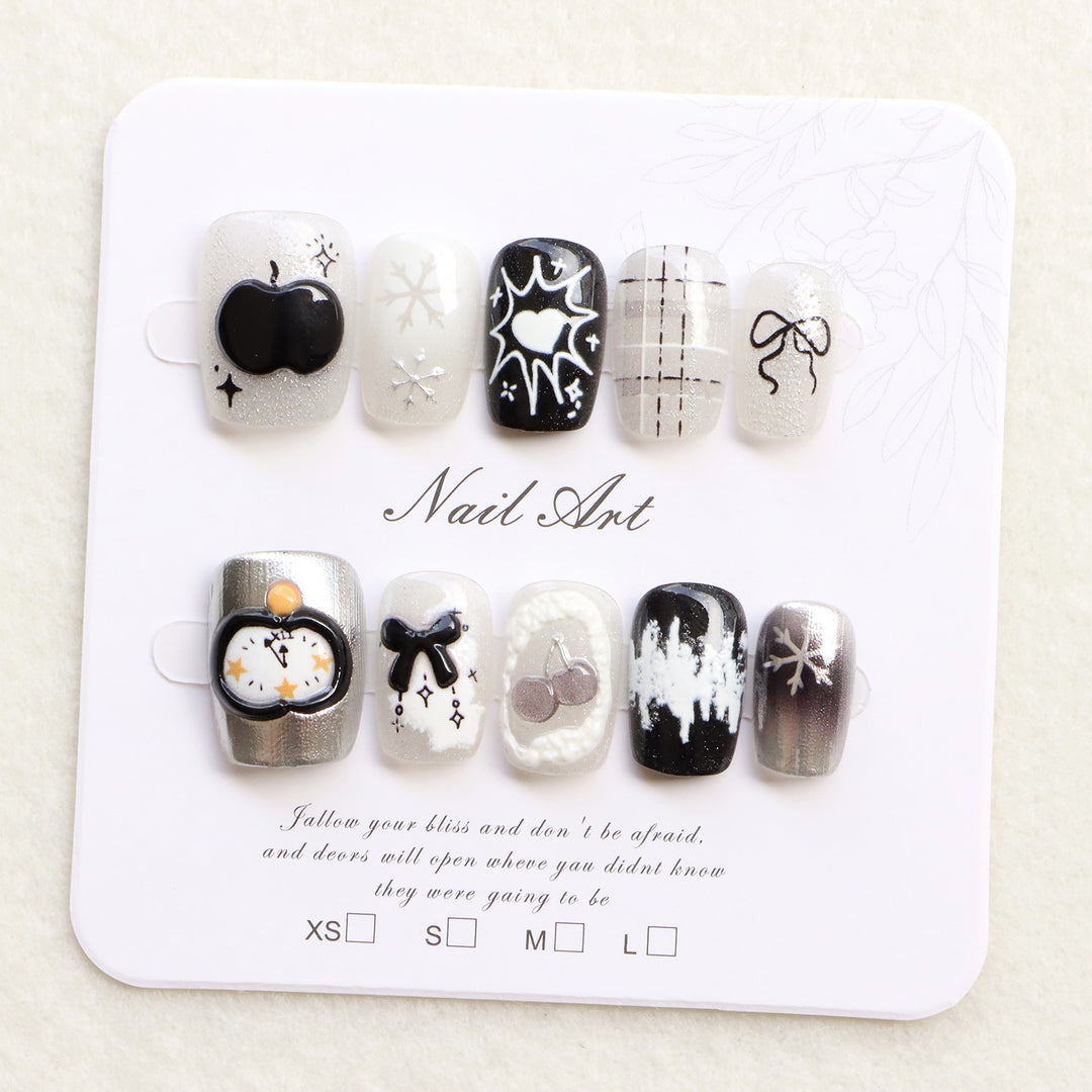 Artistic Black and White Press-On Nail Art Bowlift