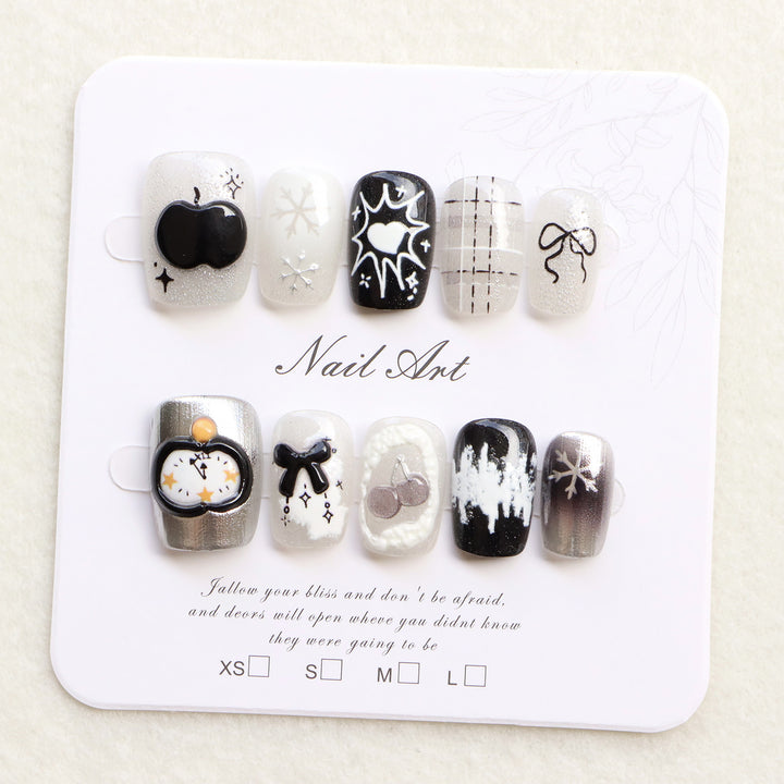 Artistic Black and White Press-On Nail Art Bowlift