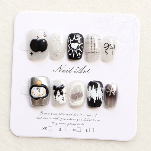 Artistic Black and White Press-On Nail Art Bowlift