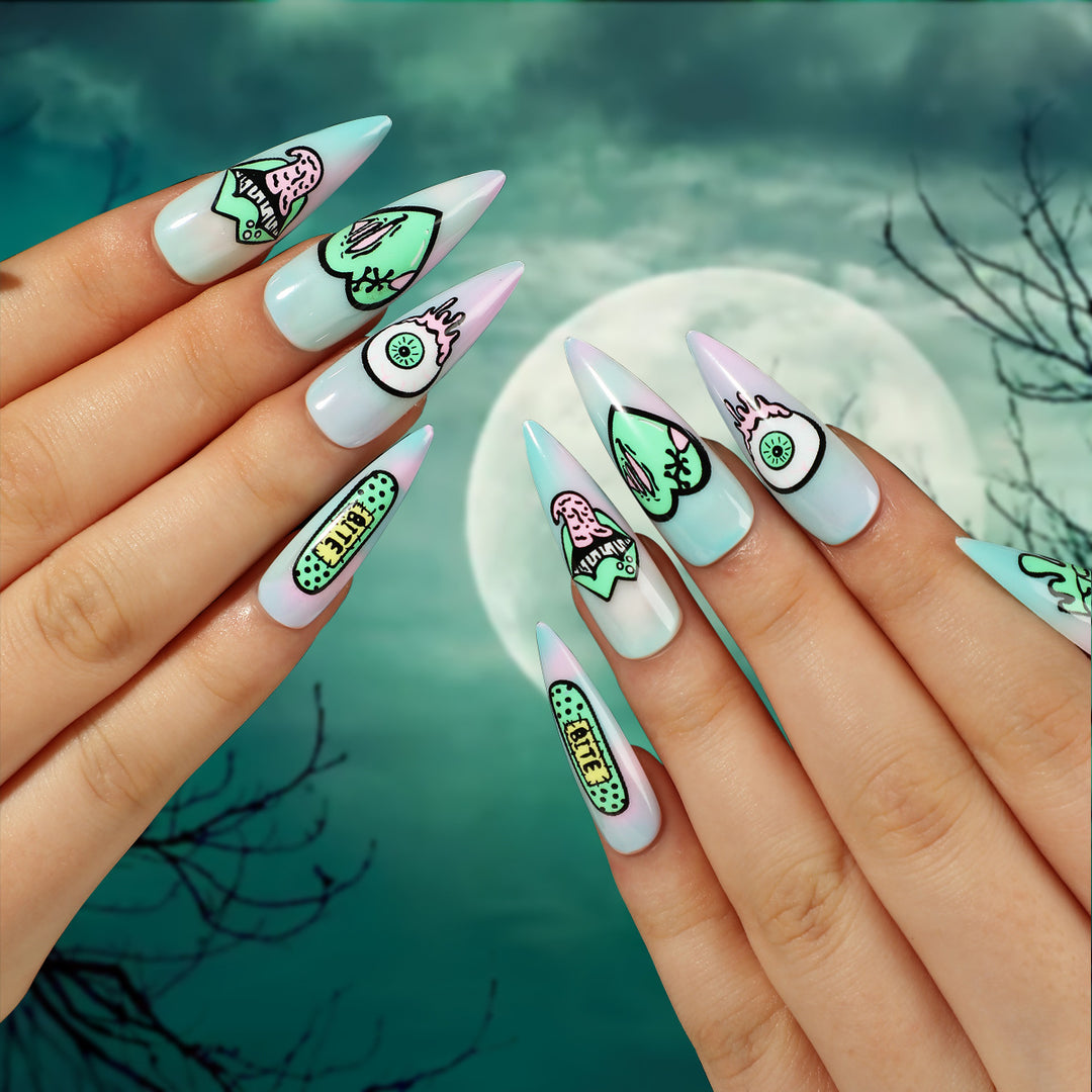 Artistic stiletto nails with creative designs and intricate detailing Bowlift