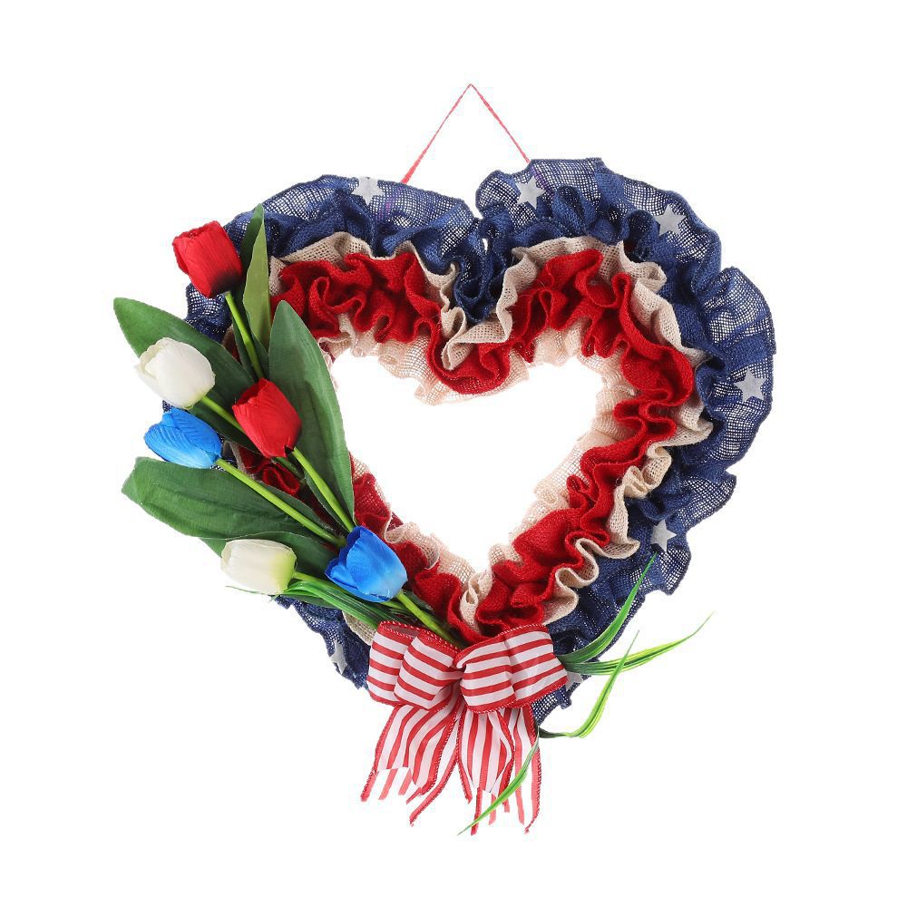 Unisex heart-shaped door wreath made of jute with star embellishments and artificial tulips Bowlift