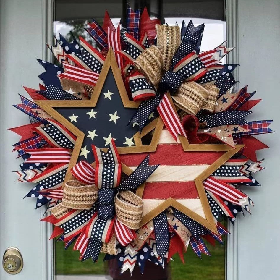 Unisex nan Patriotic Americana Heart Flag Wreath with Ribbon Mesh, Wooden Heart Cutout and Star Accent Bowlsift Bowlift