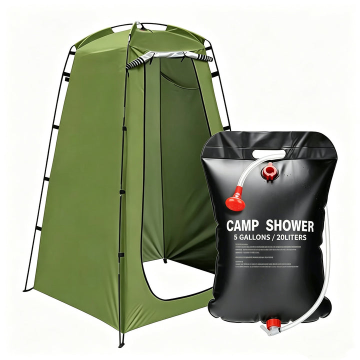 Portable camping shower privacy tent with five gallon solar shower bag and pop up foldable pole system Bowlift