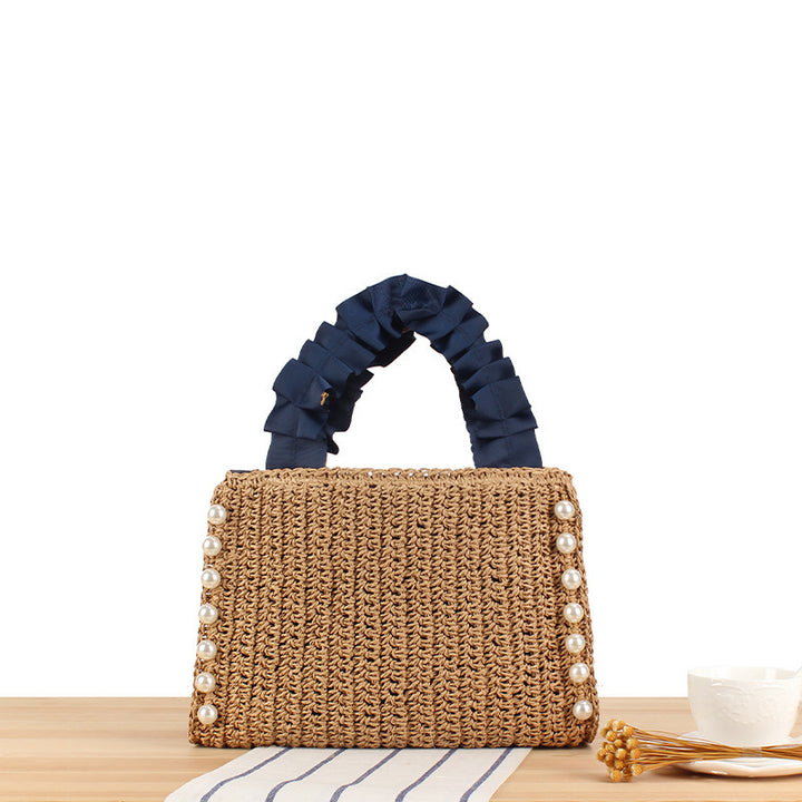 Handbag with High-Quality Pearl Embellishment and Fashionable Ruffled Handle Bowlift