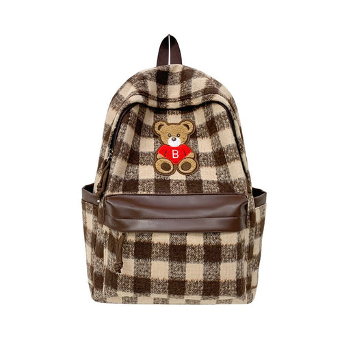 Teddy Bear Appliqué Checked Backpack
