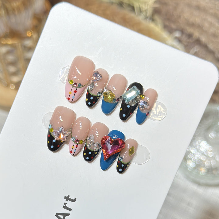 Artistic Press-On Nail Set with Colorful Jewel Accents Bowlift