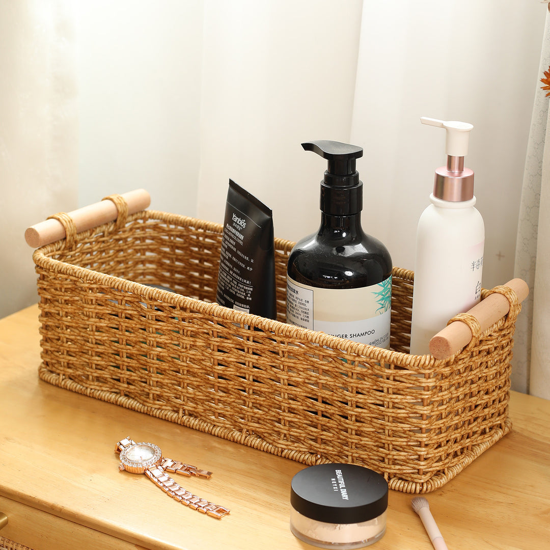 Rectangular Woven Storage Basket with Wooden Handles Bowlift