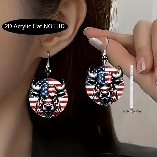 Women's nan Acrylic Flat Patriotic Bull Head Round Dangle Earrings with Fishhook Alloy Findings Bowlift