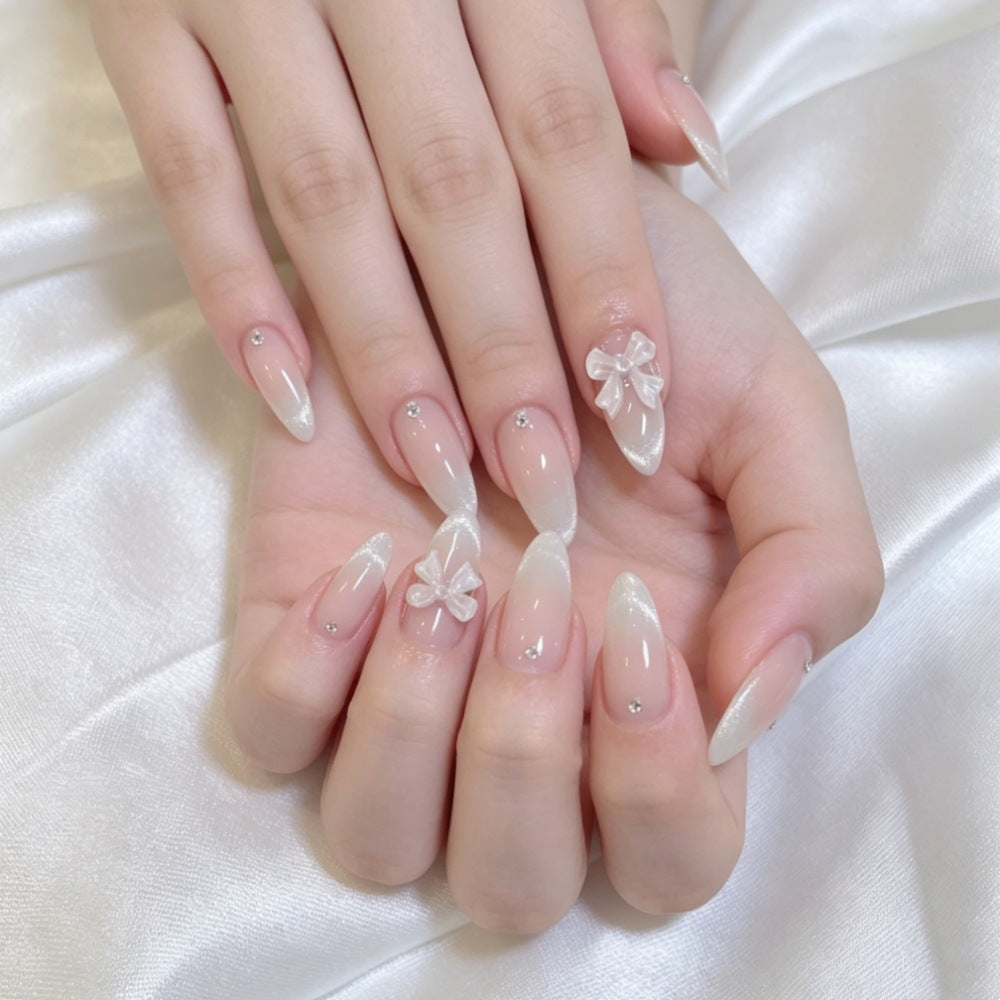 Elegant Press-On Nail Set with Decorative Bow and Rhinestone Accents Bowlift