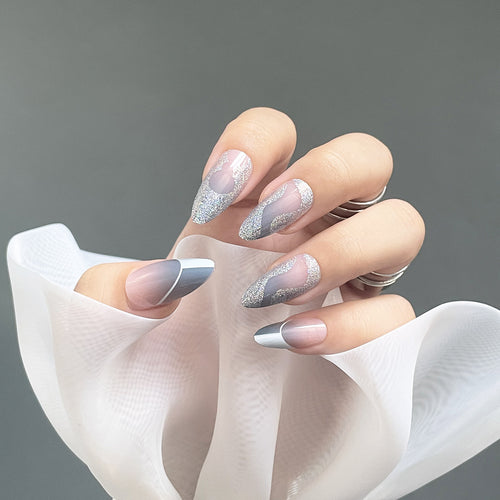 Decorative Stiletto Press-On Nails with Glitter and Wavy Design Bowlift