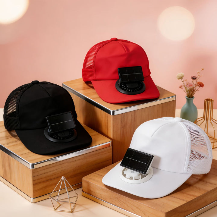 Ladies cooling cap with integrated solar fan Bowlift