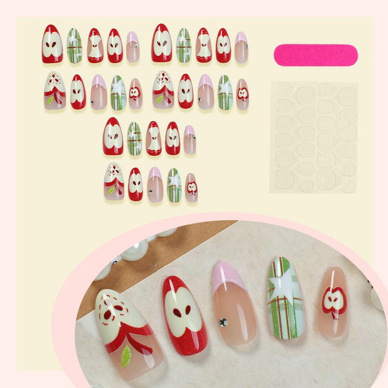 Artificial nail set with cheerful apple and star pattern Bowlift
