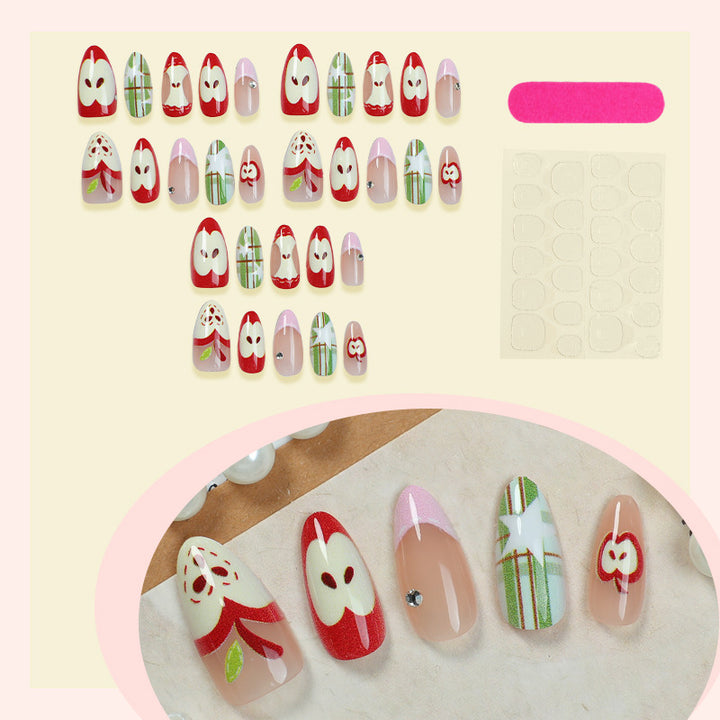 Artificial nail set with cheerful apple and star pattern Bowlift