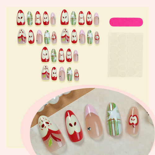 Artificial nail set with cheerful apple and star pattern Bowlift