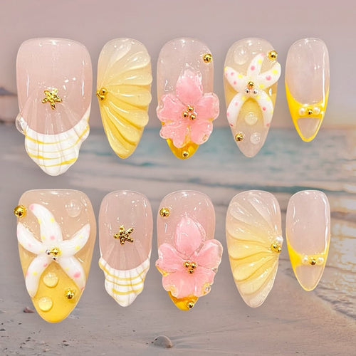 Artistic Press-On Nail Set with Floral and Decorative Designs Bowlift