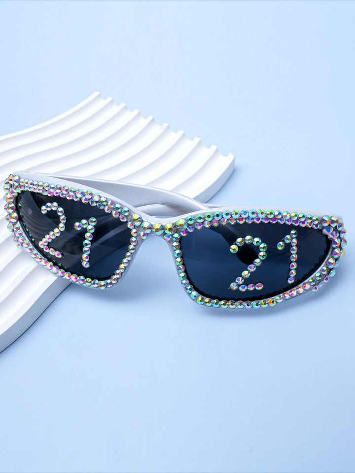 Women Glamorous Rhinestone Sunglasses with Custom Designed Inscription Bowlift