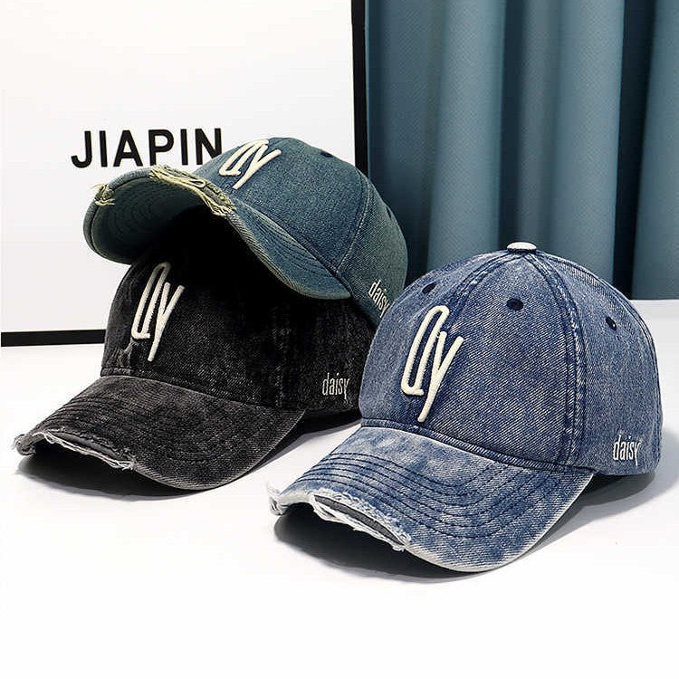 Women's Distressed Denim Embroidered Baseball Cap Bowlift