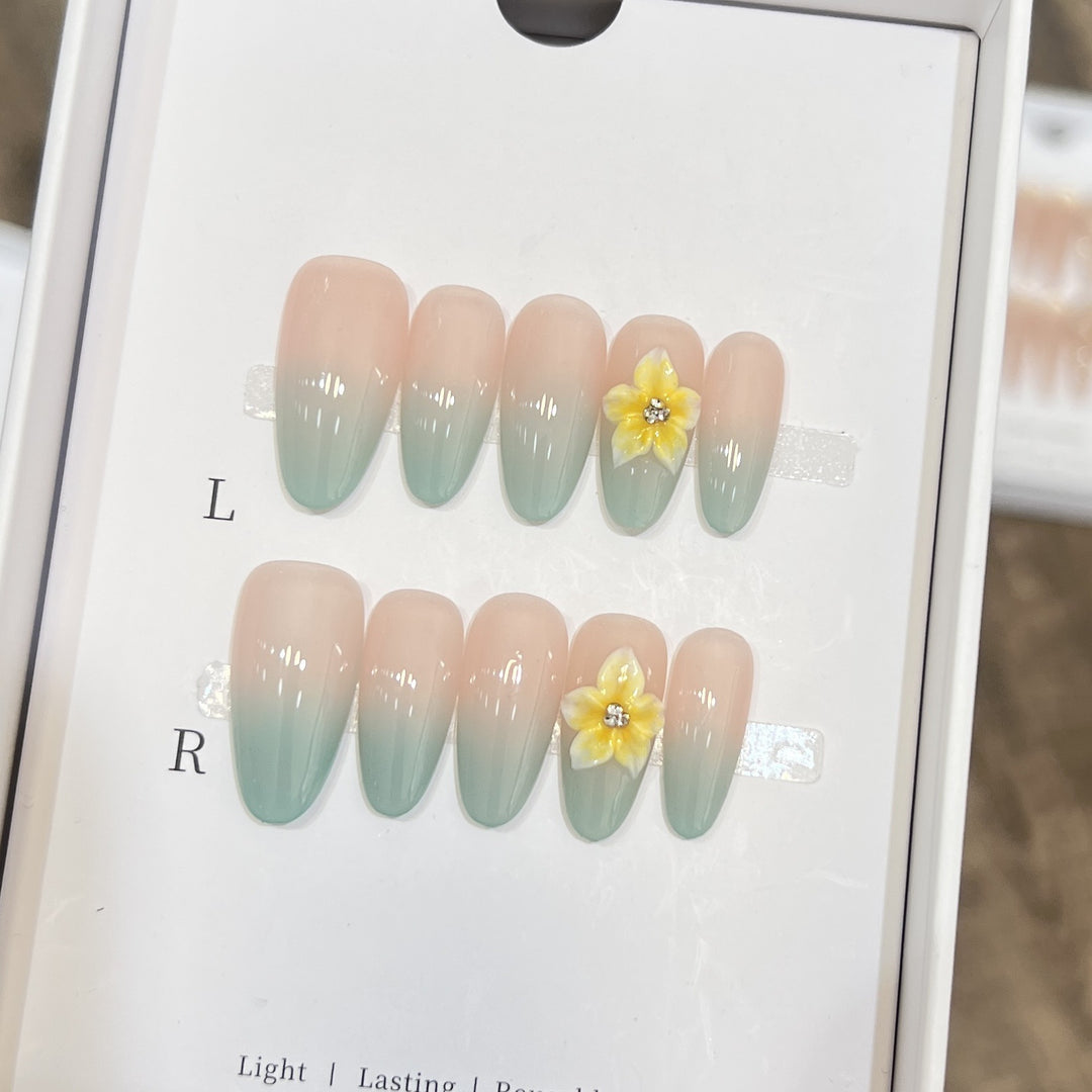 Elegant Ombre Press-On Nail Set with Floral Accents Bowlift