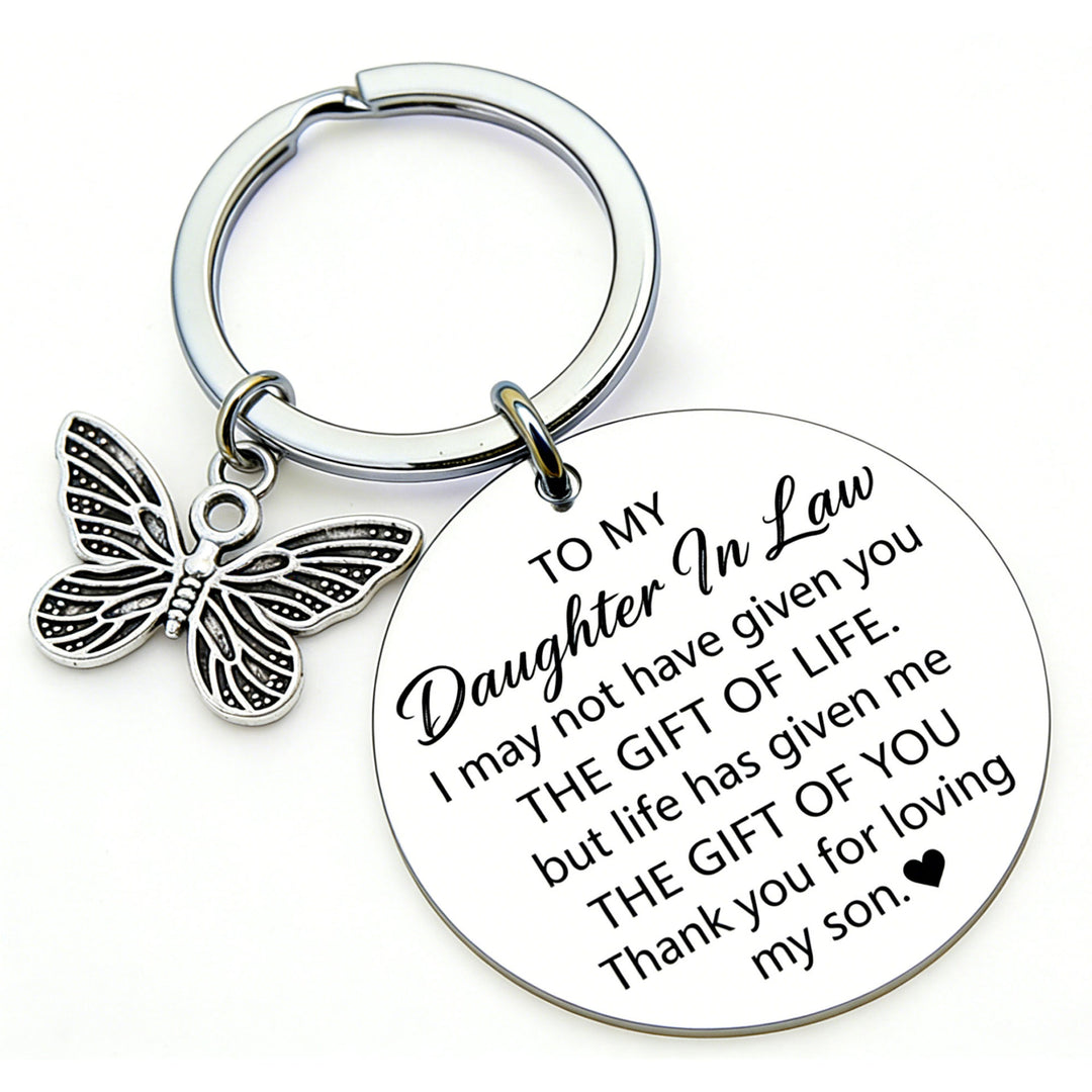 Engraved Round Sentimental Daughter-in-Law Keychain with Butterfly Charm Bowlift