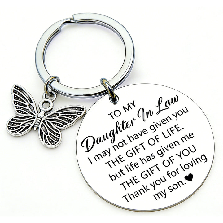 Engraved Round Sentimental Daughter-in-Law Keychain with Butterfly Charm Bowlift
