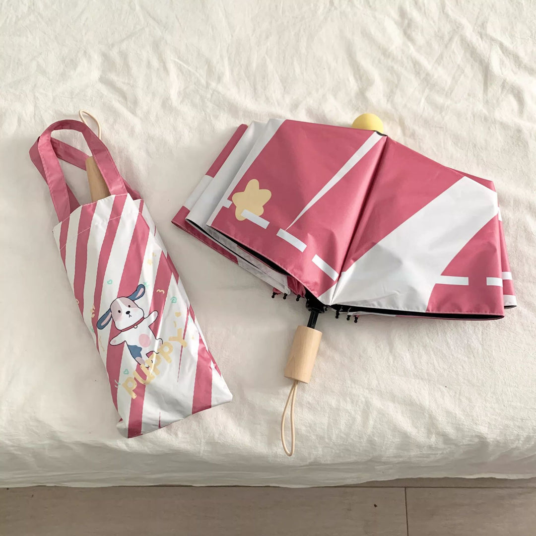Ladies elegant folding umbrella with ergonomic wooden handle and protective carrying case Bowlift