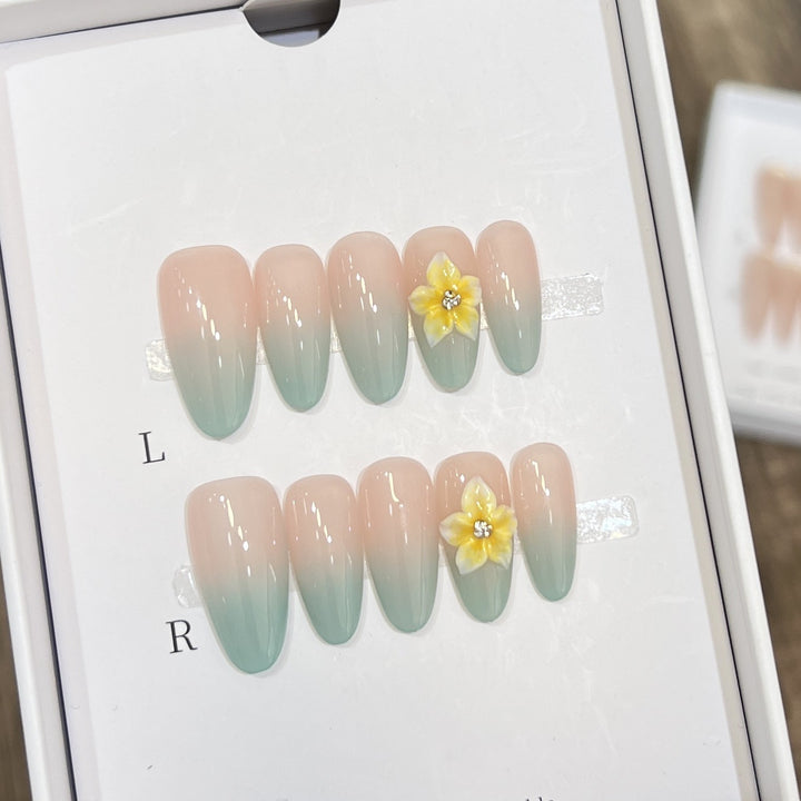 Elegant Ombre Press-On Nail Set with Floral Accents Bowlift