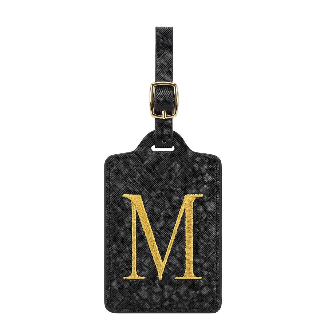 embroidered initial monogram leather luggage tag with adjustable buckle strap Bowlift