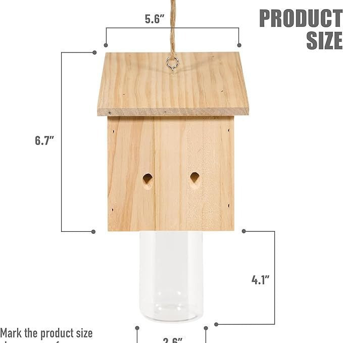 Hanging wooden bird feeder with glass jar seed reservoir and natural jute hanger Bowlift