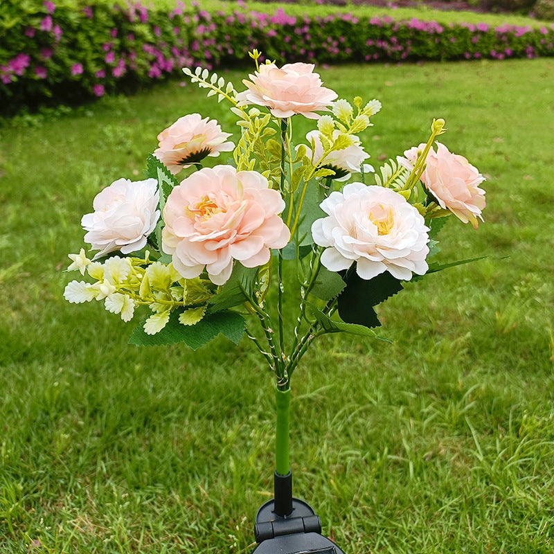 Realistic Artificial Peony Bouquet Solar Garden Stake With Dusk-To-Dawn LED And Adjustable Stem Bowlift