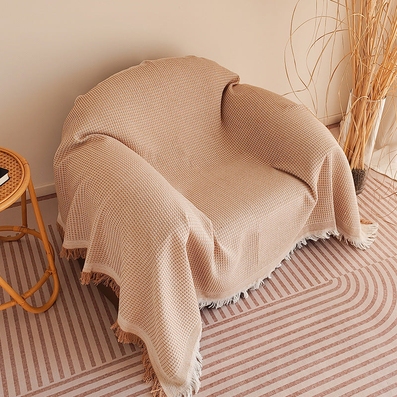 Waffle-Weave Fringed Throw Blanket Bowlift