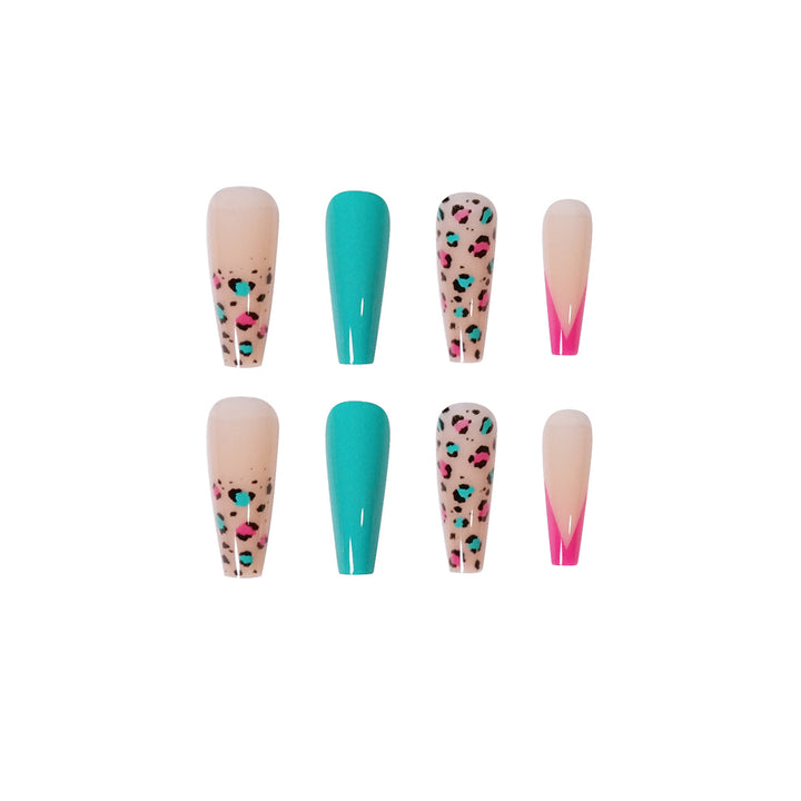 Artful Nail Extensions with Leopard Pattern and Neon Accents Bowlift