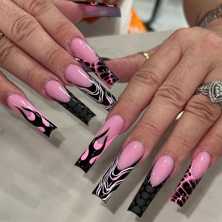 Artistic Press-On Nail Set with Flame Design Bowlift