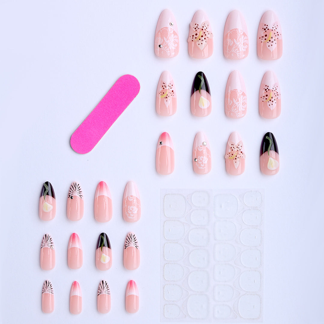 Artificial nails with creative floral designs and glitter accents Bowlift