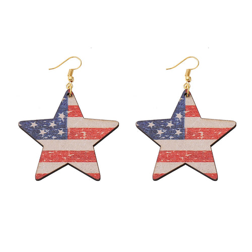 Women's nan star-shaped patriotic wooden dangle earrings with distressed flag print Bowlift