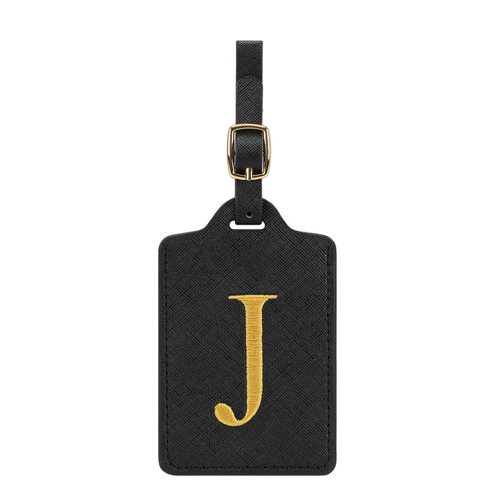 embroidered initial monogram leather luggage tag with adjustable buckle strap Bowlift