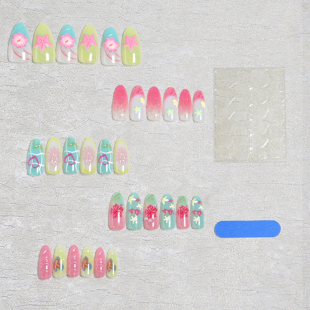 Acrylic Nail Set with Colorful Flower and Beach Design Bowlift