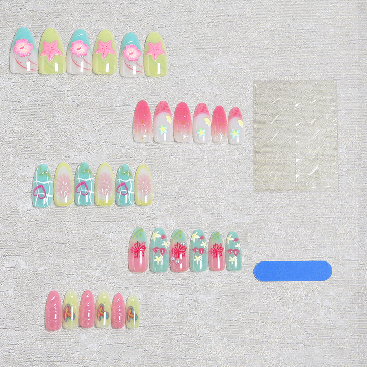 Acrylic Nail Set with Colorful Flower and Beach Design Bowlift
