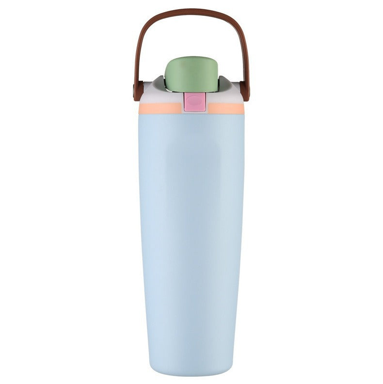 Unisex double-walled vacuum drinking bottle made of stainless steel with one-handed click closure and carrying handle Bowlift