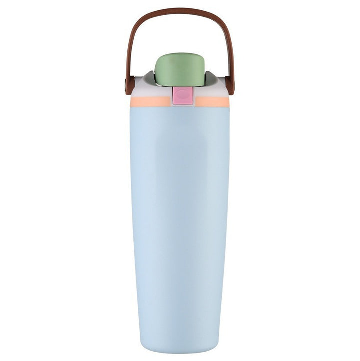 Unisex double-walled vacuum drinking bottle made of stainless steel with one-handed click closure and carrying handle Bowlift