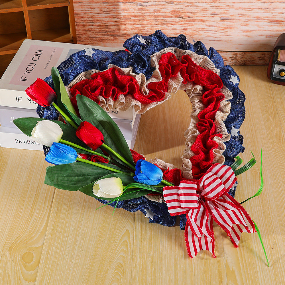 Unisex heart-shaped door wreath made of jute with star embellishments and artificial tulips Bowlift