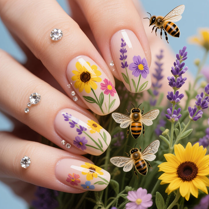 Glittering artificial nails with floral patterns Bowlift