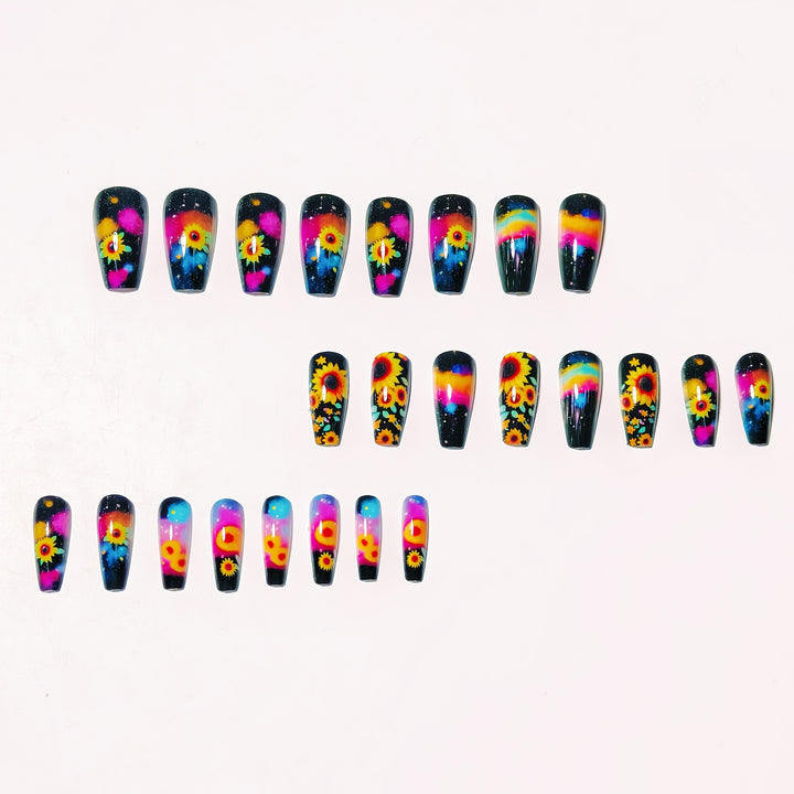 Artificial nails in creative sunflower and galaxy design Bowlift