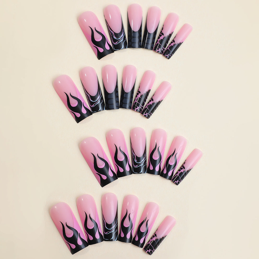 Artistic Press-On Nail Set with Flame Design Bowlift