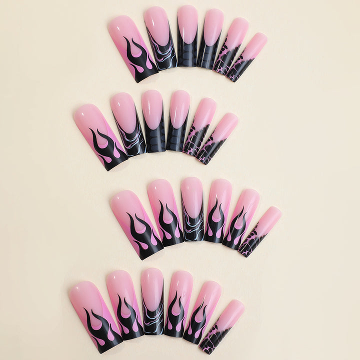 Artistic Press-On Nail Set with Flame Design Bowlift