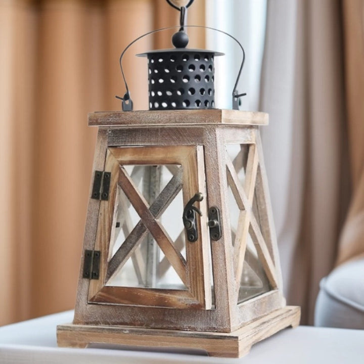 Vintage Farmhouse Glass-Panel Tapered Wooden Lantern with Perforated Metal Chimney Bowlift