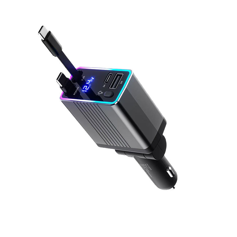 High-Power USB-C PD Car Charger with LED Voltage Display and Detachable Fast Charging Cables Bowlift